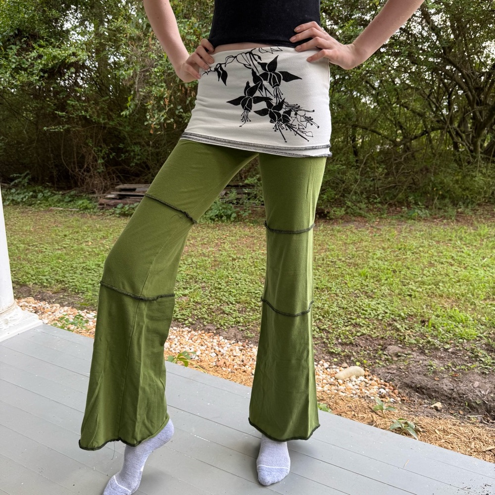 Green Flared Pants with Attached Skirt